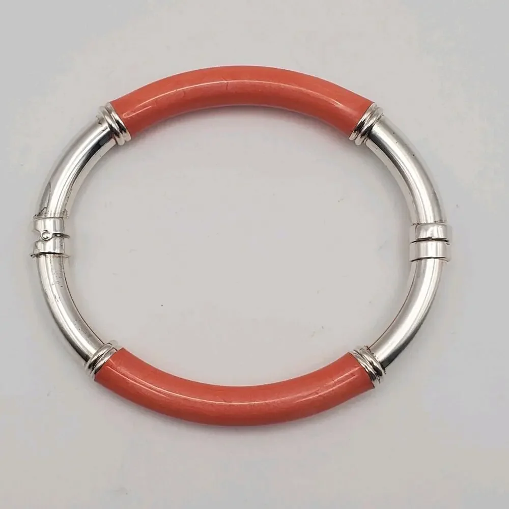Milor Italy Sterling Silver 925 Orange Enamel Hinged Bangle Bracelet 6.75" - Picture 7 of 12
